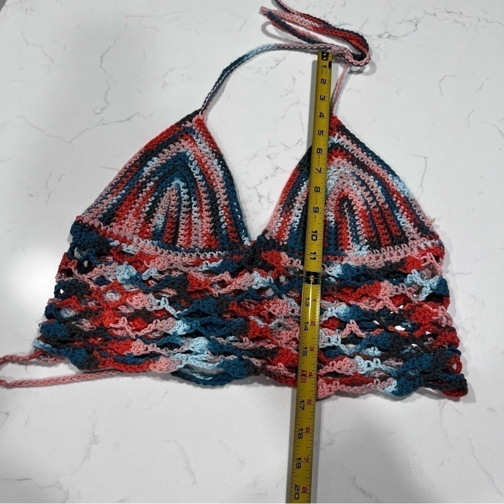 Boho Multi Colored Crochet Halter Top Lace Up Open Back - Picture 8 of 8